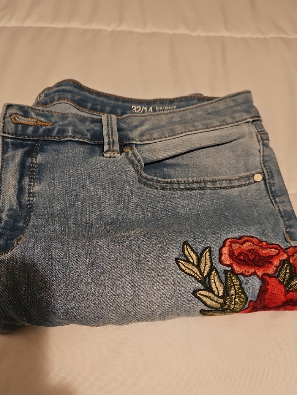 Anna Light Blue Skinny Jeans with Red Floral Embroidery